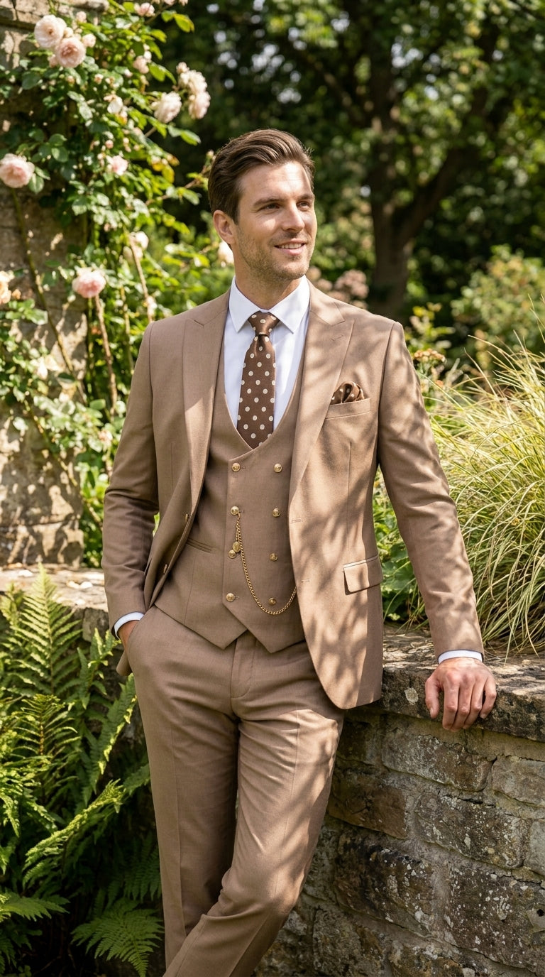 Men’s Rossiman Tan Suit with Gold Buttons, Peak Lapel Jacket and Double Breasted Vest Modern Fit