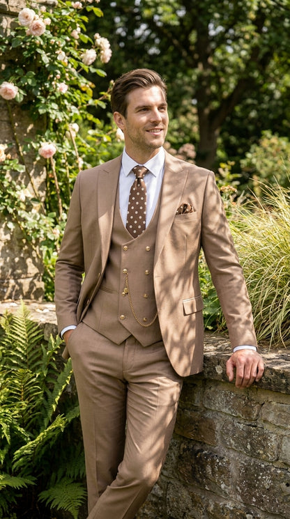 Men’s Rossiman Tan Suit with Gold Buttons, Peak Lapel Jacket and Double Breasted Vest Modern Fit