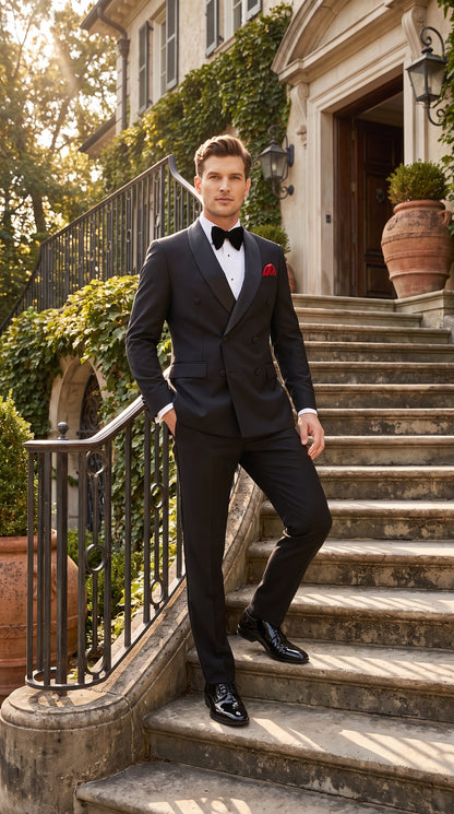 Men’s Black Double Breasted Evening Wear Suit with Satin Shawl Lapel and Red Pocket Square  Modern Fit