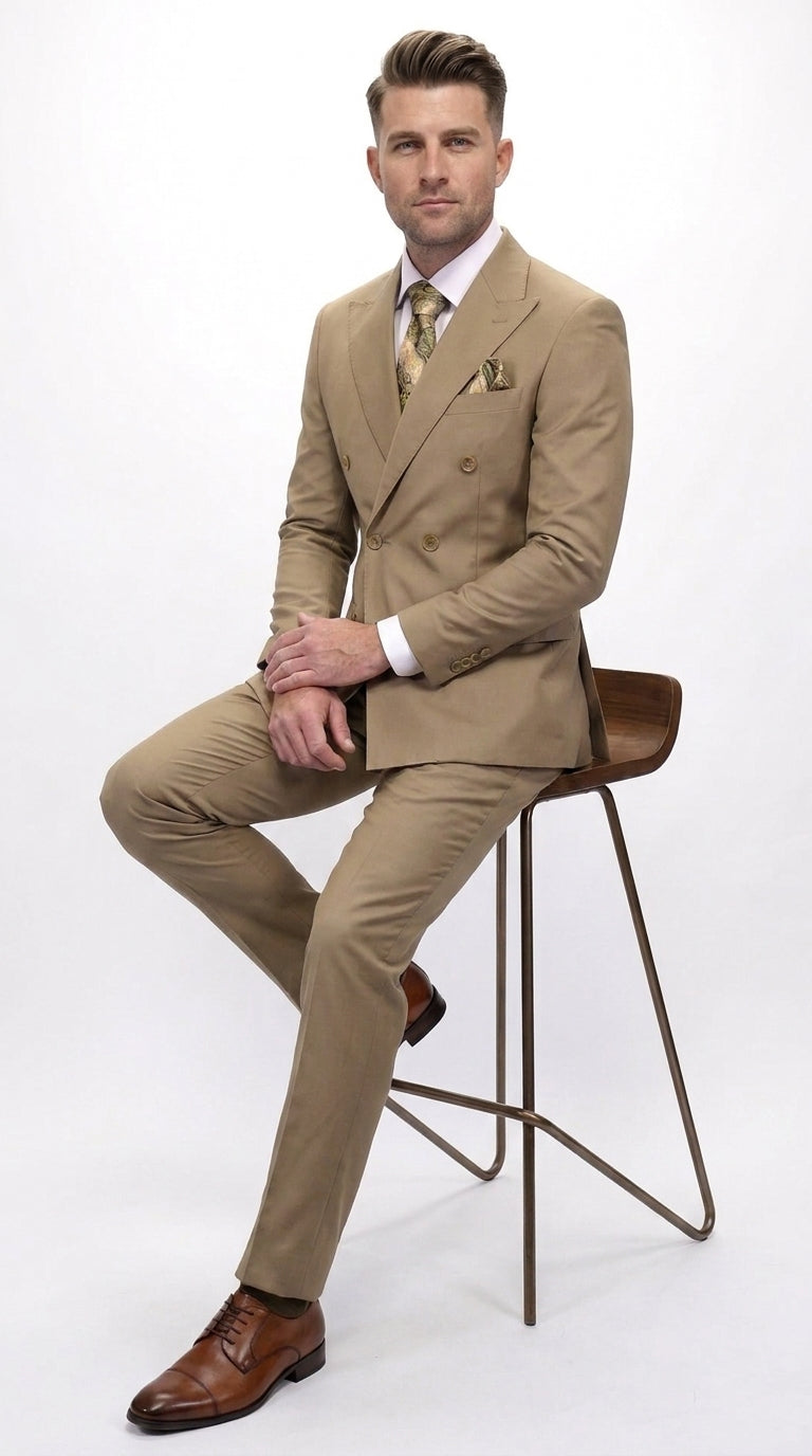 Men’s Statement Brand Caramel Khaki Double Breasted Wool Suit, Designer Formal Business Suit Set Wool Suit in Camel Color  Modern Fit