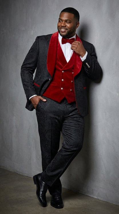 Men’s Black Paisley Tuxedo with Red Velvet Shawl Lapel – 3 Piece Wedding Prom Suit With Matching Bowtie