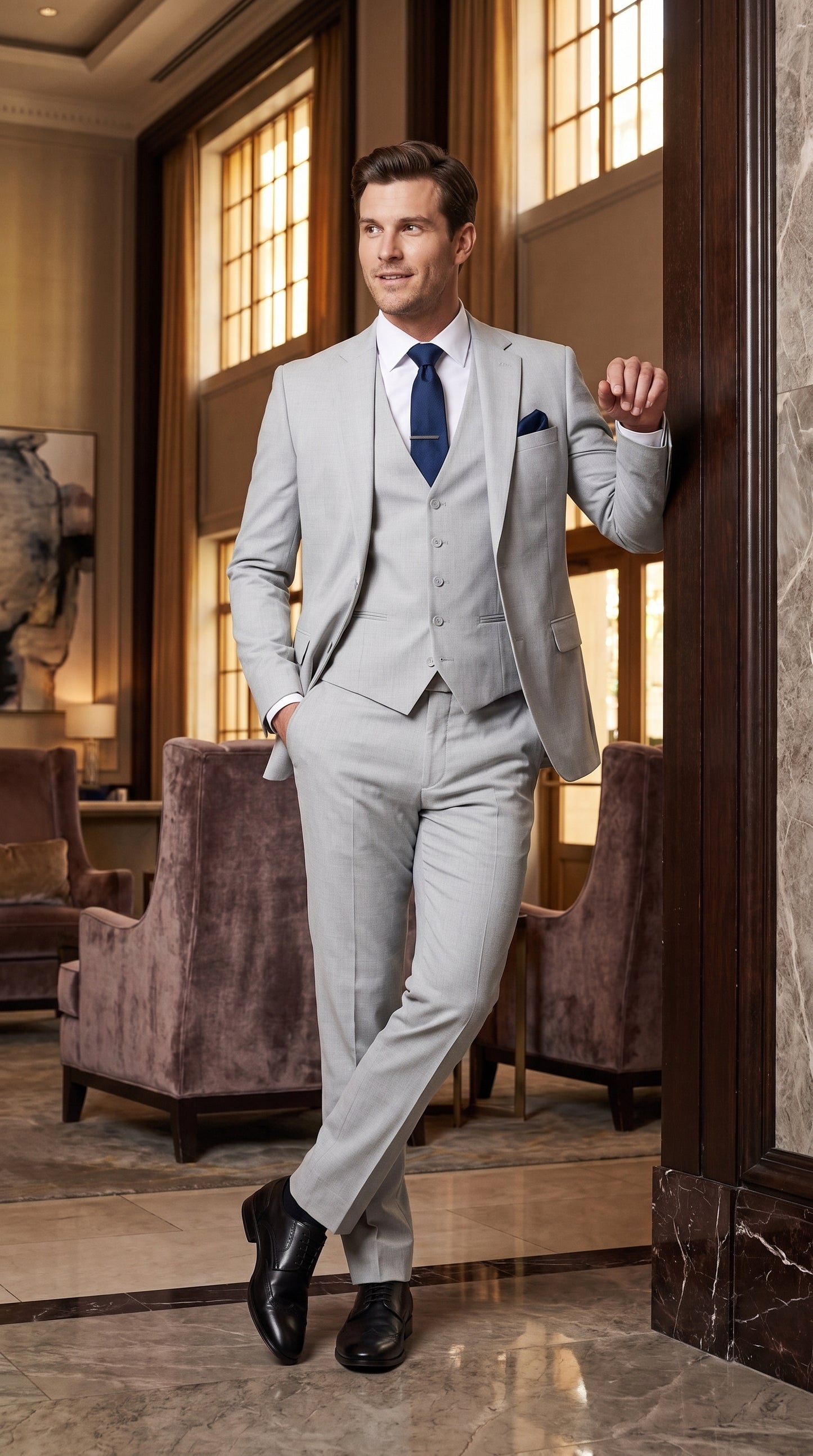 Men’s Silver & Navy Blue 3-Piece Suit – Wedding, Business and Formal Suit with Free Matching Tie  Modern Fit