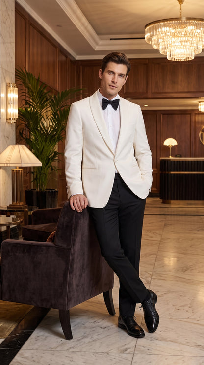 Men’s Vintage Hollywood Ivory Tuxedo – Black Shawl Lapel Wedding, Prom and Formal Dinner Jacket with Black Pants