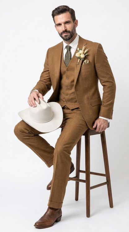 Men’s Tan Groom Outfit Country Wedding 3 Piece Suit Khaki Camel Color Modern Fit