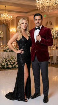 Men’s Gomez Addams Inspired Costume, Burgundy Velvet Blazer with Black Pants Formal Party Outfit Combo