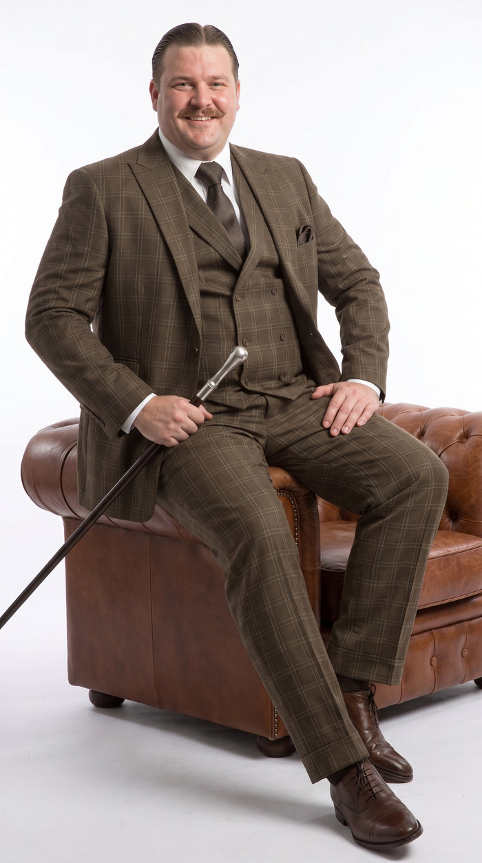 Men’s Edwardian Brown Plaid 3-Piece Suit – Vintage Double-Breasted Vest Wedding and Formal Suit Modern Fit