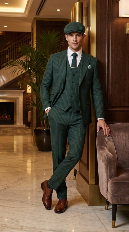 Men’s Hunter Green Pinstripe 3-Piece Suit – Vintage Wedding, Prom and Formal Suit with Matching Vest Modern Fit