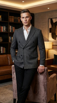 Mens Charcoal Gray Pinstripe Double Breasted Blazer Sport Coat – Classic Formal Business Jacket for Office and Smart Casual Wear
