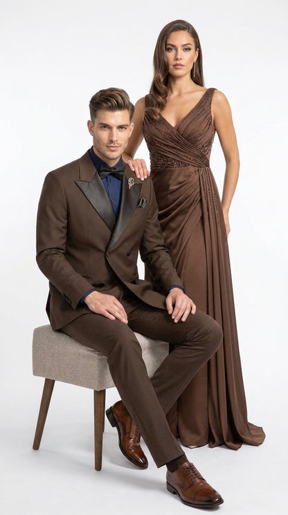 Men’s Brown Double Breasted Tuxedo – Satin Peak Lapel Formal Wedding & Prom Suit