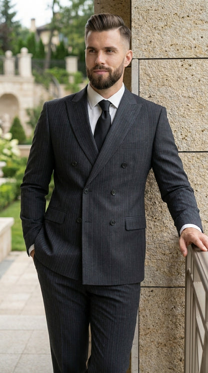 Men’s Black Pinstripe Double Breasted Suit – Classic Formal Business Suit Office and Evening Wear Modern Fit Conservative pattern