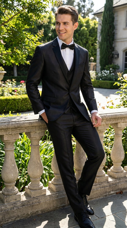 Men’s Black Two Tone Vested Wool Suit with 2 Button Jacket and Black Lapel, Italian Tuxedo Style