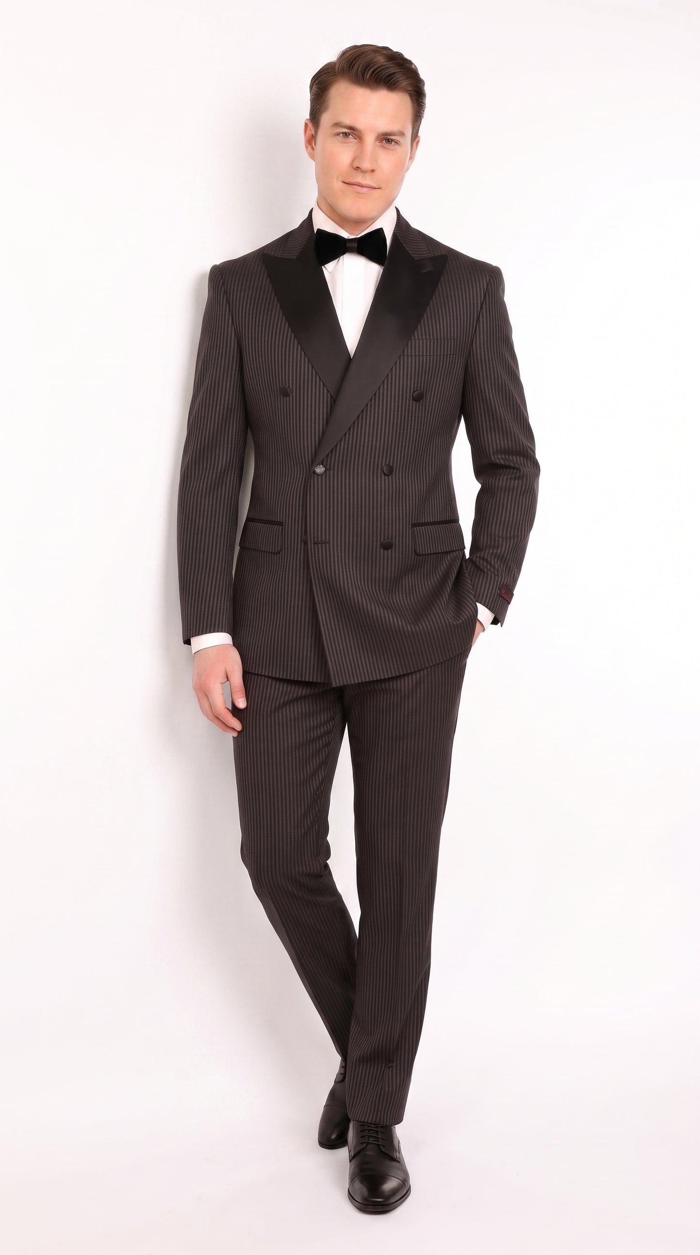 Men’s Black Shadow Pinstripe Double-Breasted Tuxedo Tone on Tone Formal Wedding  Suit Modern Fit 1920s Style