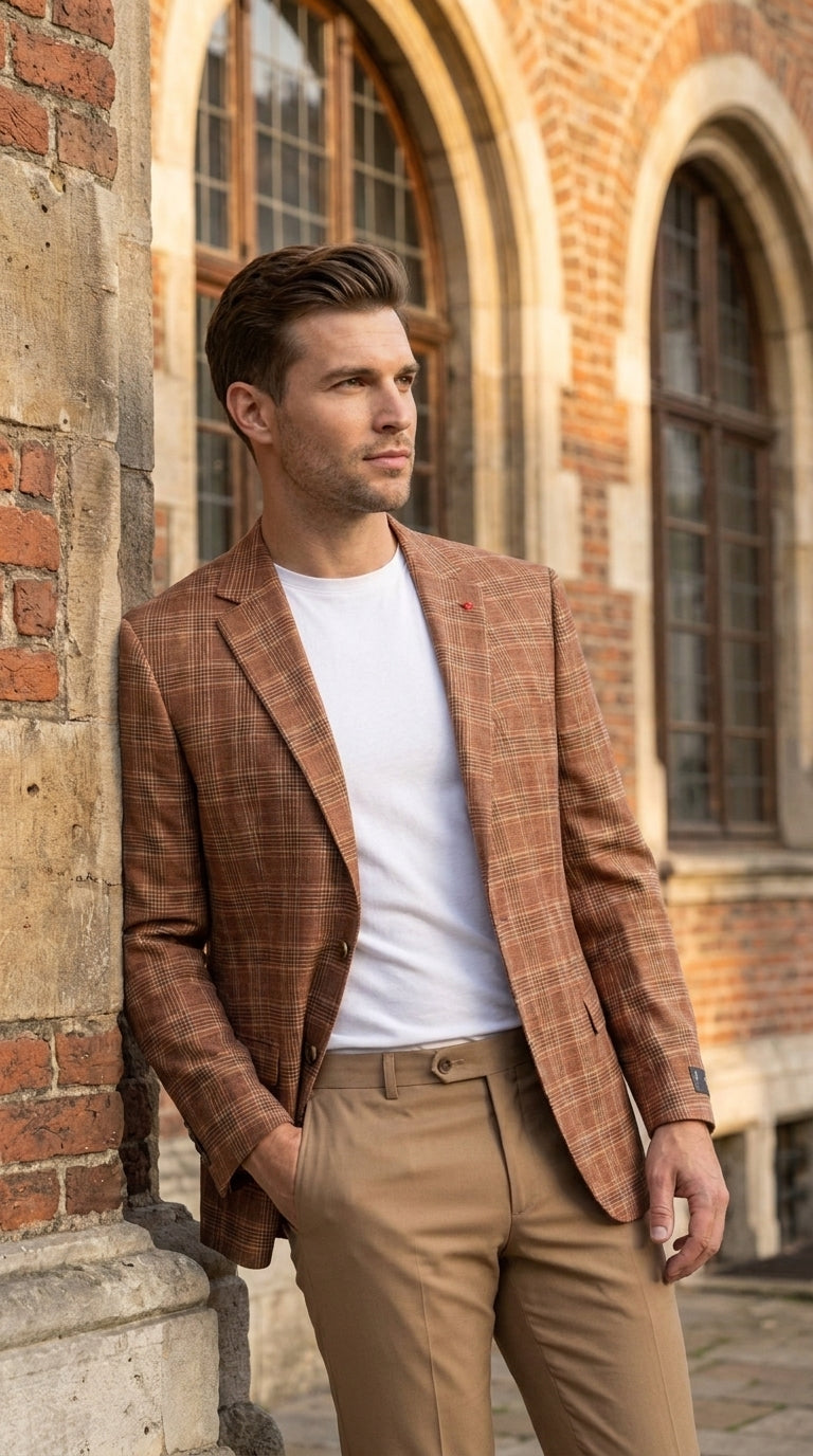 Vitali Men’s Rust Copper Brown Plaid Blazer with Tan Pants – Classic Windowpane, Business and Smart-Casual Birck color  Suit