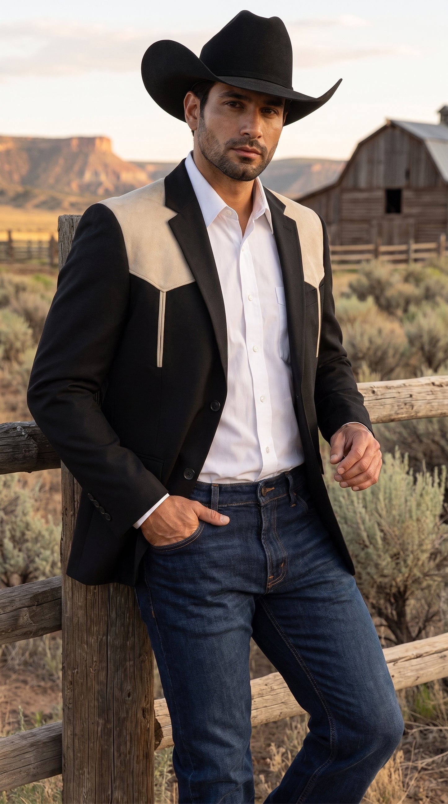 Men’s Black & Bone Tan Western Blazer – Cowboy Sport Coat with Suede Yoke for Rodeo, Ranch & Country Wear