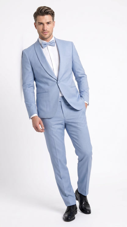 Men’s Powder Blue 3 Piece Tuxedo Suit – Light Blue Shawl Lapel Wedding Prom Suit with Vest