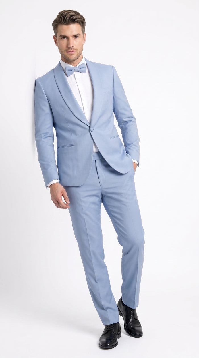 Men’s Powder Blue 3 Piece Tuxedo Suit – Light Blue Shawl Lapel Wedding Prom Suit with Vest