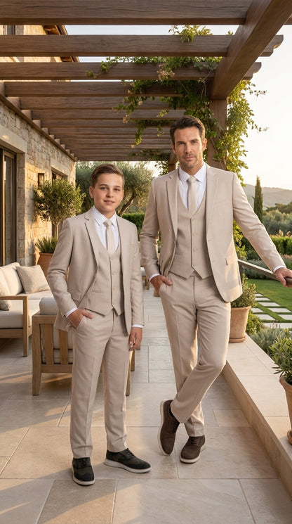 Dad & Son Matching Beige 3-Piece Suits – Father and Son Wedding Formal Suits in Tan Color