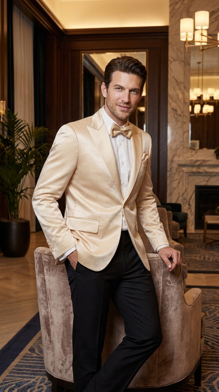 Men’s Champagne Tuxedo Dinner Jacket – Satin Finish Formal Wedding Prom Blazer and Bowtie included