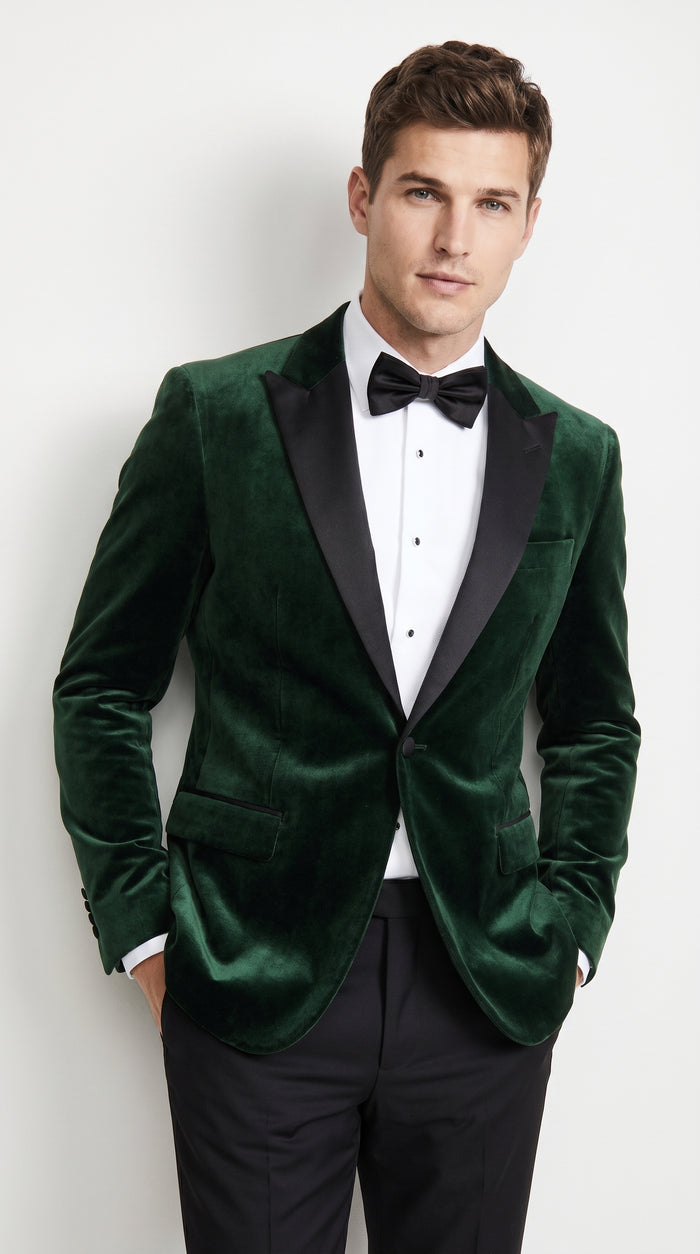Men’s Olive Green Velvet Tuxedo Dinner Jacket – Black Satin Peak Lapel Formal Prom Wedding Blazer