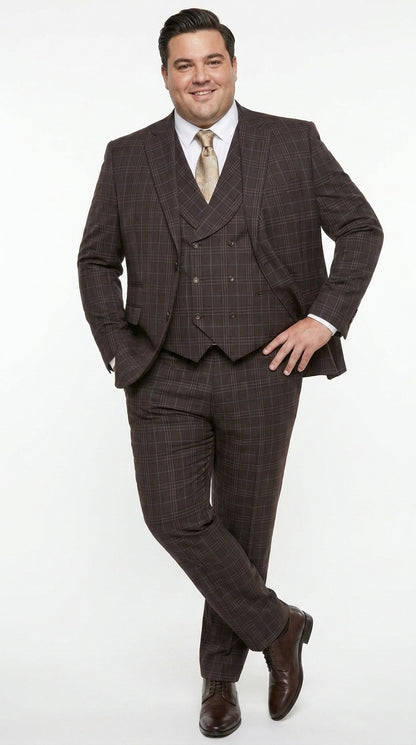 Men’s Vitali 3PC Suit – Choclate Brown and blue Plaid Check 3-Piece Suit with Double-Breasted Vest Modern Fit Side Vented