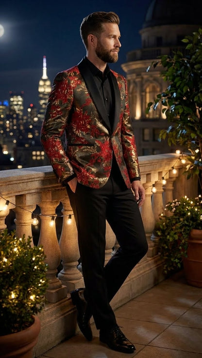 Men’s Red and Gold Floral Pattern Paisley  Shawl Lapel | Luxury Evening and Party Wear Jacket Prom Christmas New Year Blazer