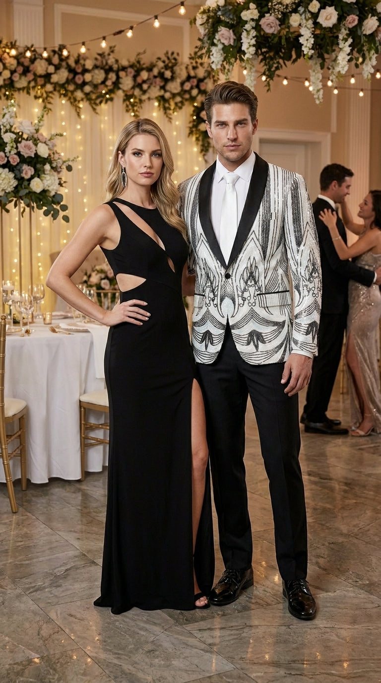 Men’s White and Black Patterned Tuxedo Blazer – Luxury Designer Dinner Jacket for Wedding, Prom and Formal Events New Year Christmas Holiday