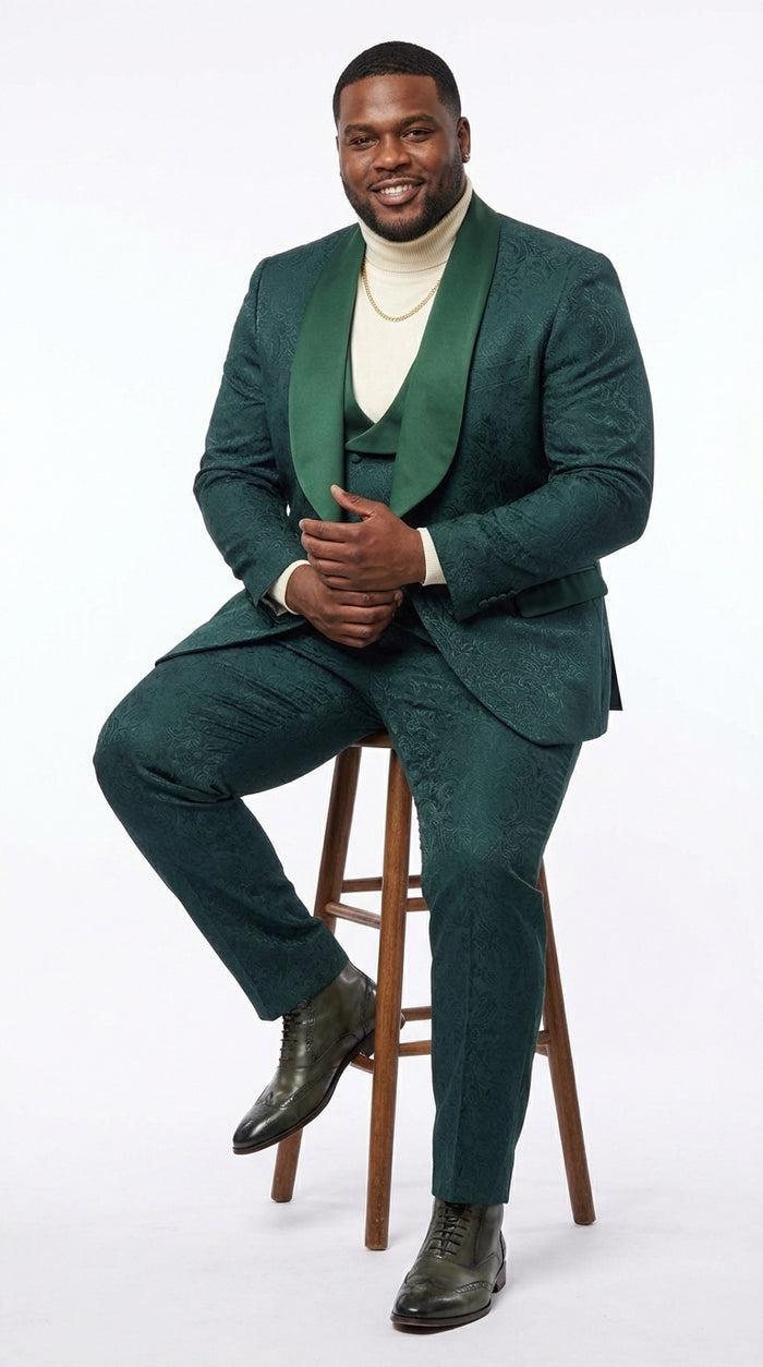 Mens Hunter Green Wedding Tuxedo Suit – Paisley Pattern Three Piece Formal Suit Set with Shawl Lapel for Groom, Prom in Emerald green