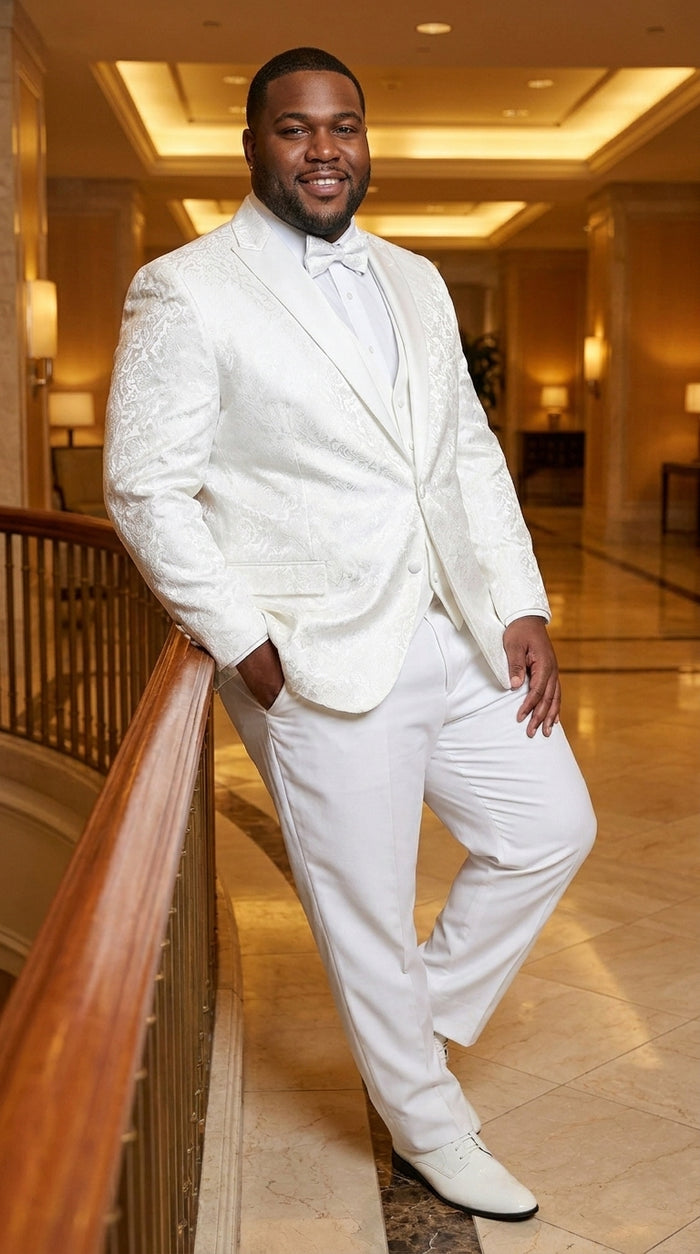 Men’s White Paisley Wedding Tuxedo with Groom Suit Jacket, Vest and Pants, Formal Dress Suit