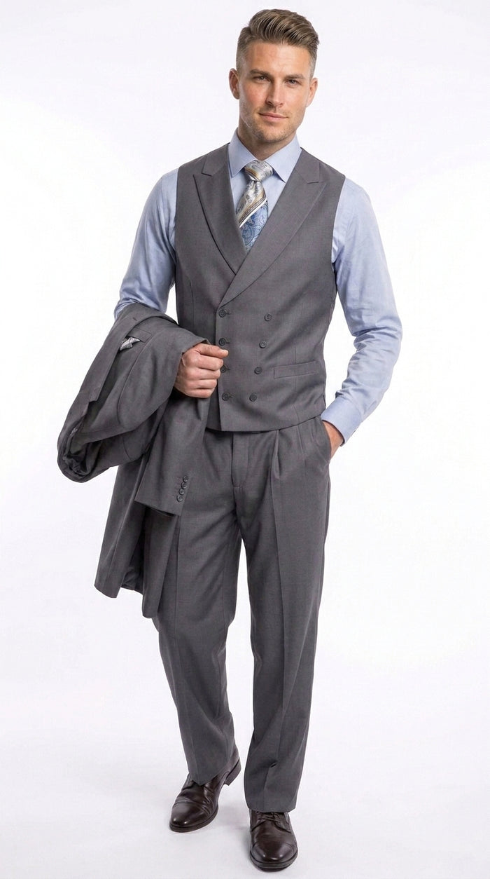 Men’s Grey 4-Button Zoot Suit – Four Buttons 3-Piece Fashion Suit with Double-Breasted Vest and Pleated Pants
