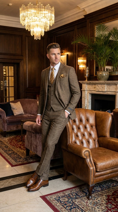 Men's Great Gatsby Brown Checker Plaid Texture 3-Piece Suit – Classic Fit Business, Wedding & Formal Suit Set - Victorian style 1920s