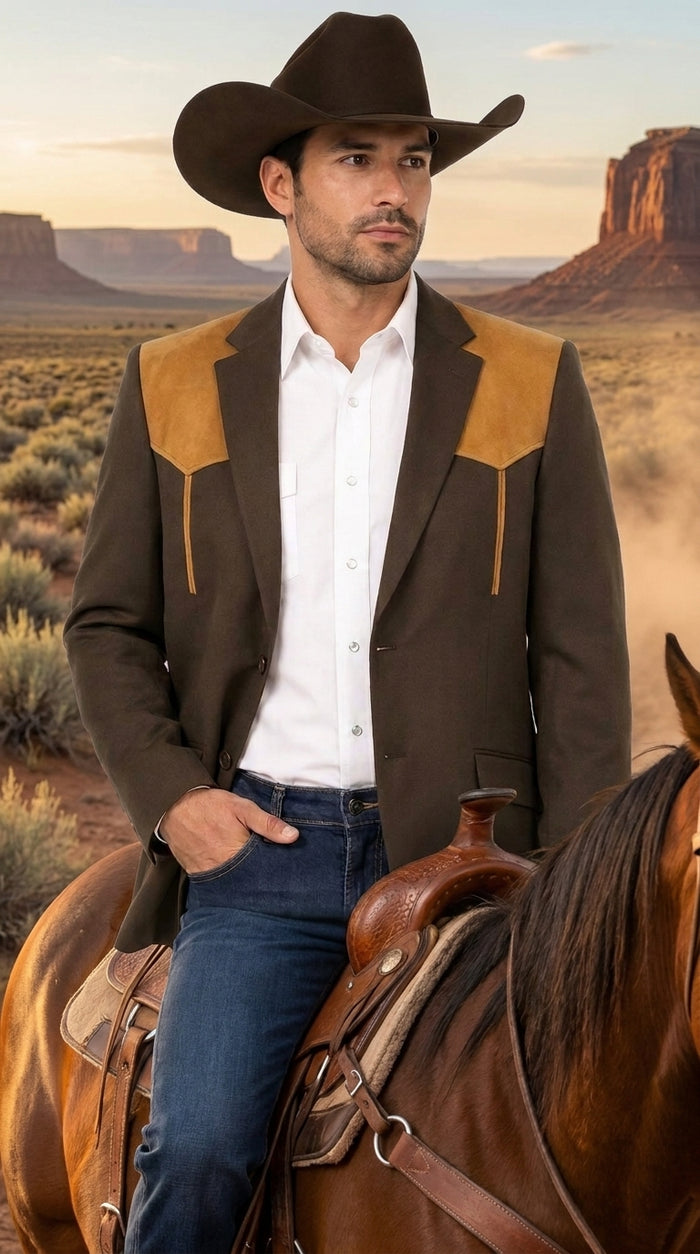 Men’s Chocolate Brown Western Blazer – Cowboy Sport Coat with Tan Suede Yoke for Rodeo & Country Wear
