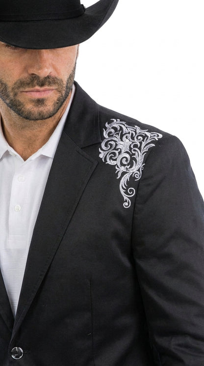 Men’s Black & White Western Blazer – Cowboy Sport Coat with Embroidered Shoulder & Back Design