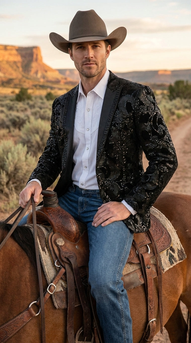 36 Men's Black Sequin Western Blazer – Embroidered Cowboy Tuxedo