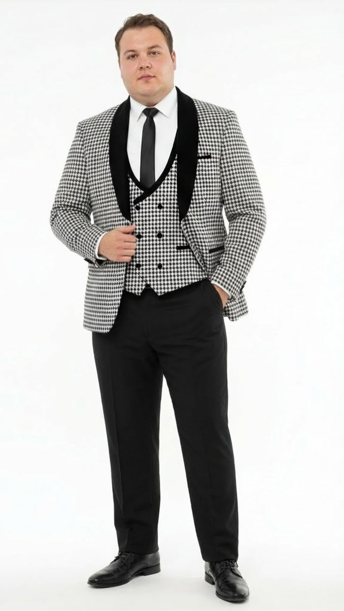 Men’s Black and White Houndstooth Tuxedo Set with Velvet Shawl Lapel | 3-Piece Formal Suit with Black Double-Breasted Vest