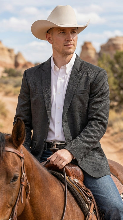 Men’s Black Western Paisley Blazer – Cowboy Jacquard Sport Coat