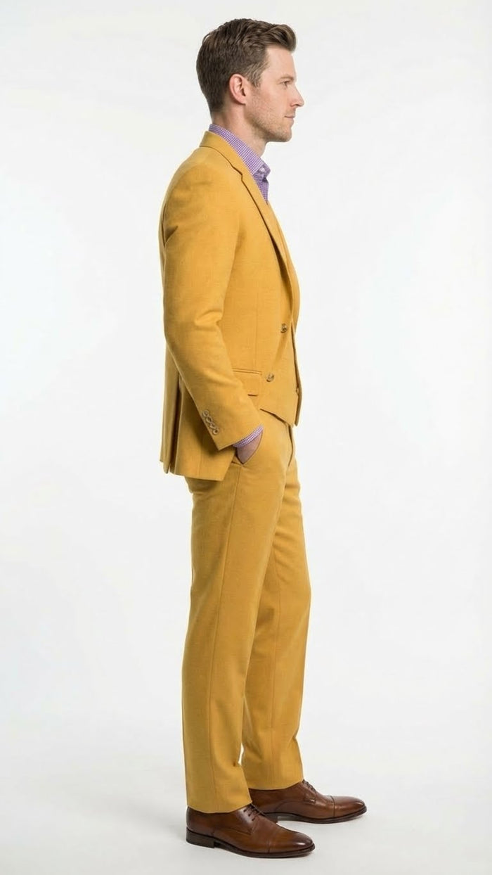 Men’s Mustard Yellow Three Piece Suit | 2 Button Notch Lapel in Gold Color - Church Suit Modern Fit