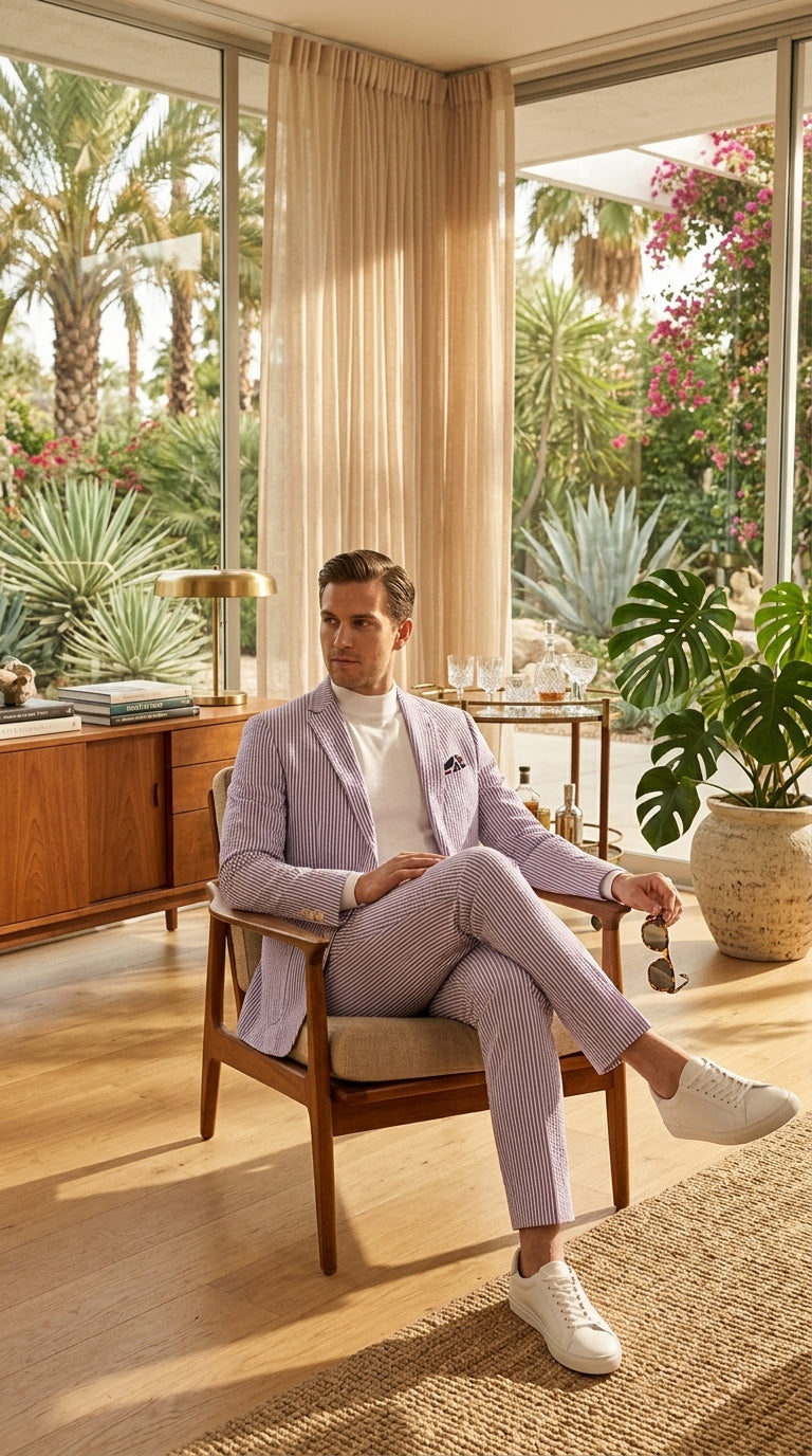 Men’s Lavender Seersucker 2 Piece Suit, Lightweight Summer Blazer and Pants Set for Weddings, Parties, Prom, and summer fabric