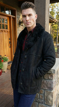 Men’s Black Sheepskin Leather Jacket Cowboy – Warm Faux Fur Collar Coat, Winter Long Jacket, Casual Western Style Outerwear