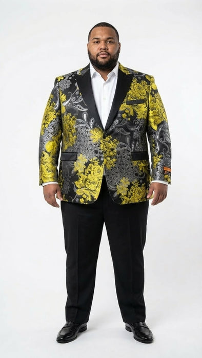 Men’s Yellow Tuxedo Black and Gold Floral Pattern Blazer | Formal Jacket - Prom Dinner Jacket + Black Pants + Bowtie