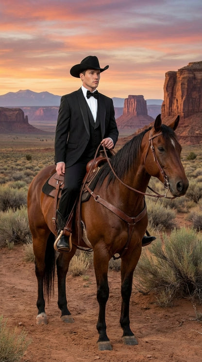 Black Western Tuxedo for Men | Classic Three Piece Formal Wedding Peak Lapel with Trim Collar Cowboy Suit - Image 10