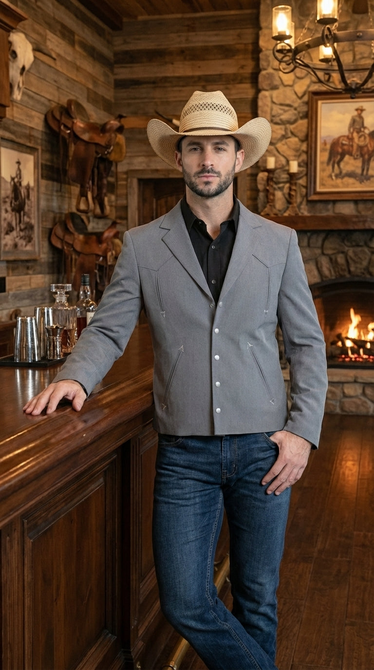 Mens Gray Western Blazer Set – Cowboy Style Jacket and Pants Outfit Classic Country Western Suit