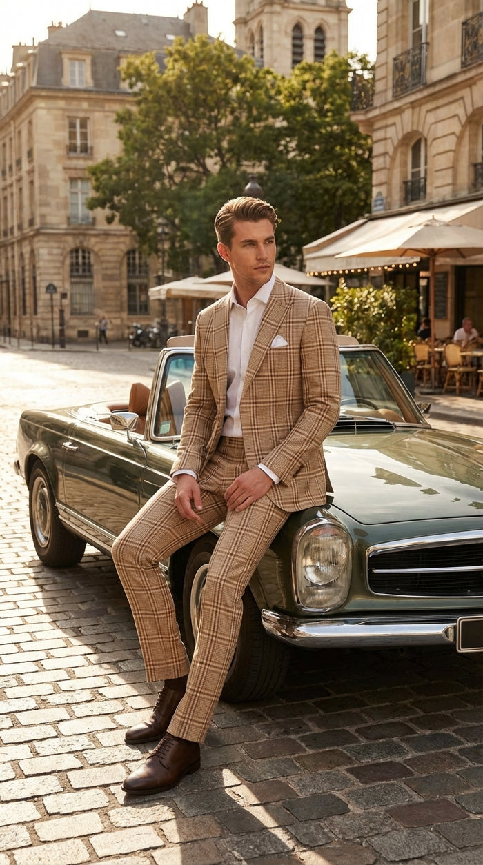 Beige Tan Plaid windowpane Two Piece Suit for Men | Classic Checkered Formal Suit with Jacket and Pants by Rossiman - Image 10