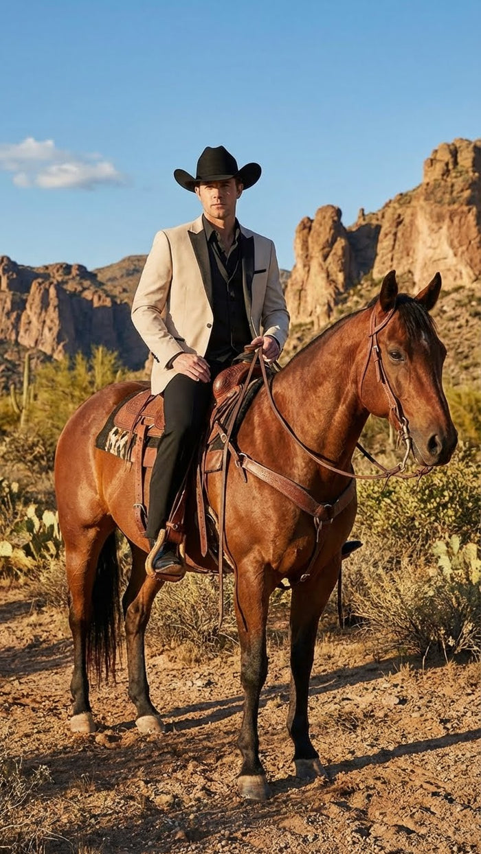 Men's Light Tan and Black Lapel Western Tuxedo Suit Set Wedding Party Cowboy Dress Tuxedo Black Pants - Image 10