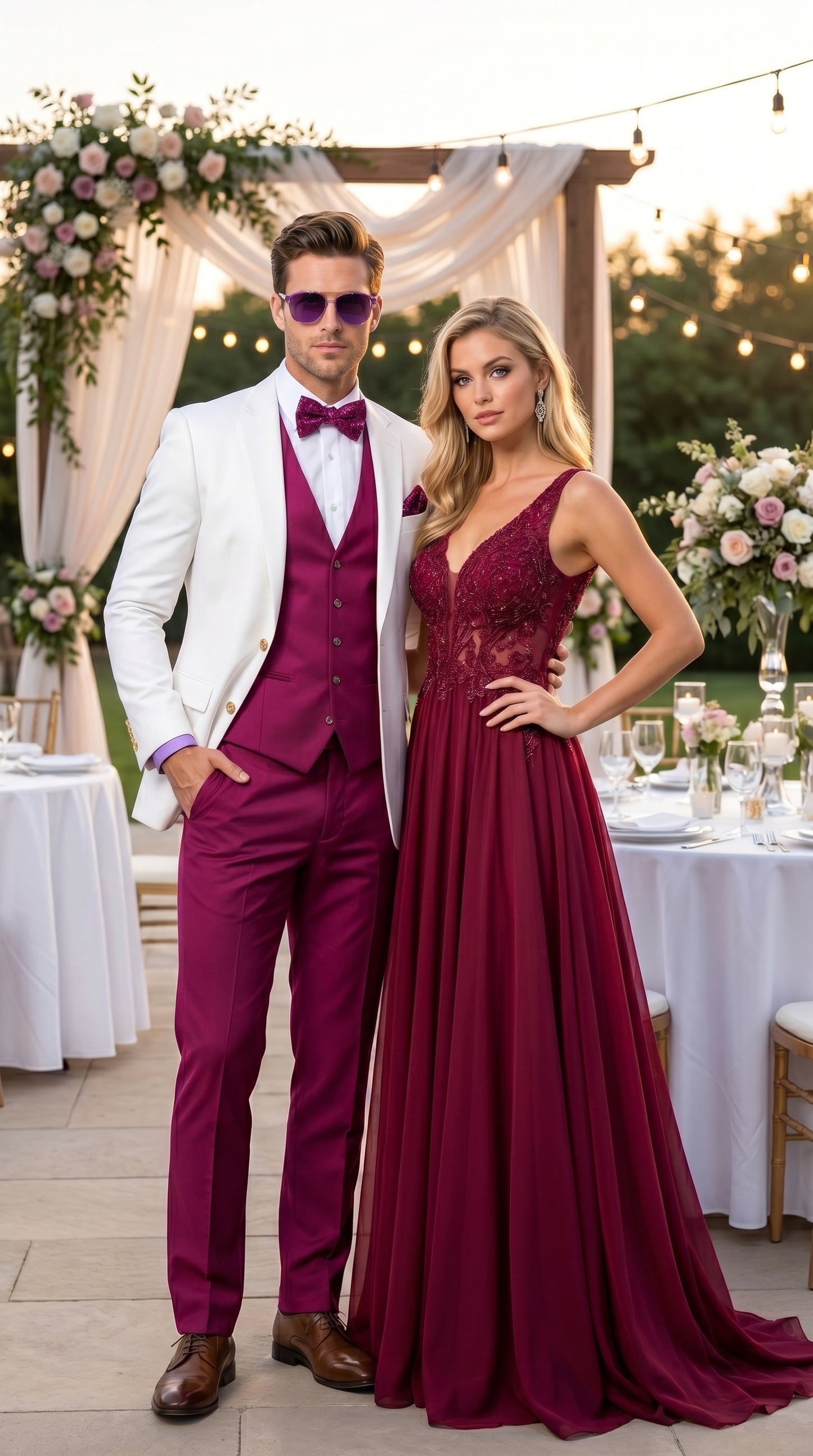 White and Burgundy Tuxedo Wedding Suit for Men – White Dinner Jacket with Burgundy Vest, Pants and Bow Tie