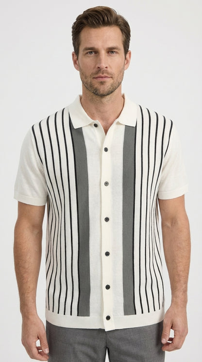 Mens White and Charcoal Gray Stripe Walking Suit Plus Matching Pants – Short Sleeve Button Shirt and Pants Casual Summer Outfit for Travel, Vacation and Everyday Wear