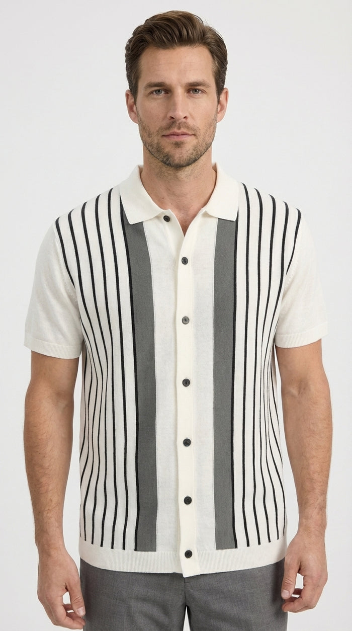 Mens White and Charcoal Gray Stripe Walking Suit Plus Matching Pants – Short Sleeve Button Shirt and Pants Casual Summer Outfit for Travel, Vacation and Everyday Wear