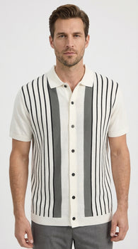 Mens White and Charcoal Gray Stripe Walking Suit Plus Matching Pants – Short Sleeve Button Shirt and Pants Casual Summer Outfit for Travel, Vacation and Everyday Wear