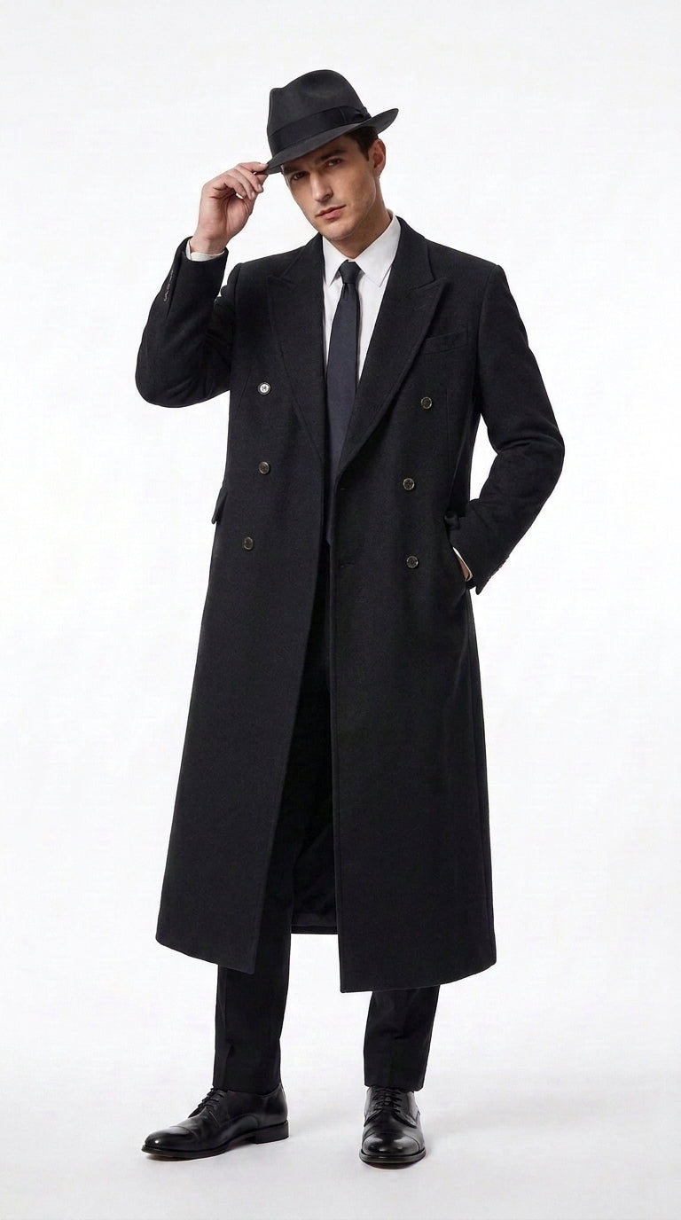 Men’s Godfather Black Double-Breasted Long Overcoat – Vintage Mobster Gangster Coat
