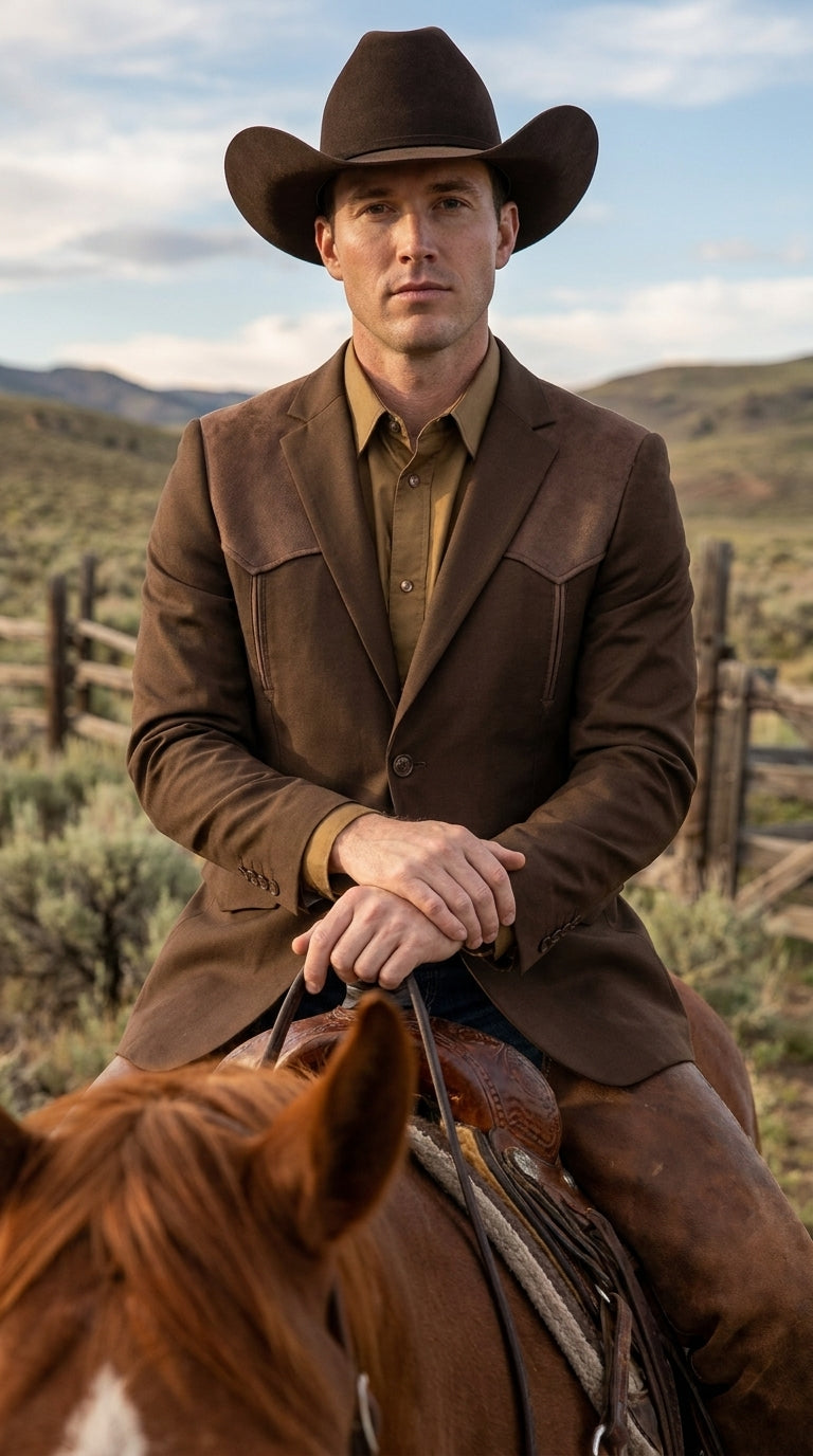Men’s Dark Brown Western Blazer with Suede Yoke – Cowboy Sport Coat with Western Shoulder Details