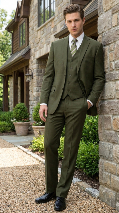 Men’s Olive 3 Piece Suit with Blazer, Vest and Pants, Formal Wedding Business Dress Suit